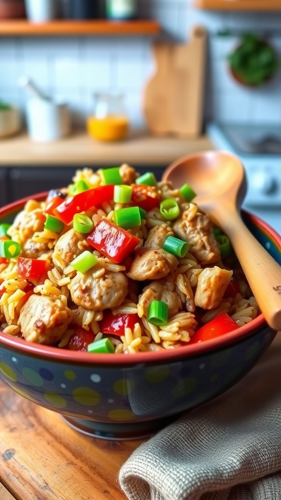 A vibrant bowl of spicy Cajun pork jambalaya with pork, bell peppers, and rice, garnished with green onions.